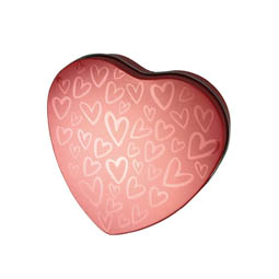 Nasze produkty: Stülpdeckeldose in Herzform mit modernem Herzchenprint in sanftem Rosa. Ansicht geschlossen